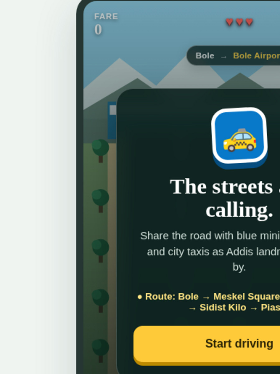 Taxi Addis driving game on a city road